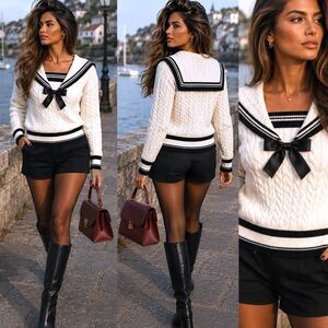 NWOT Coastal Sailor Collar M Cable Knit Sweater Bow White Nautical Coquette Chic
